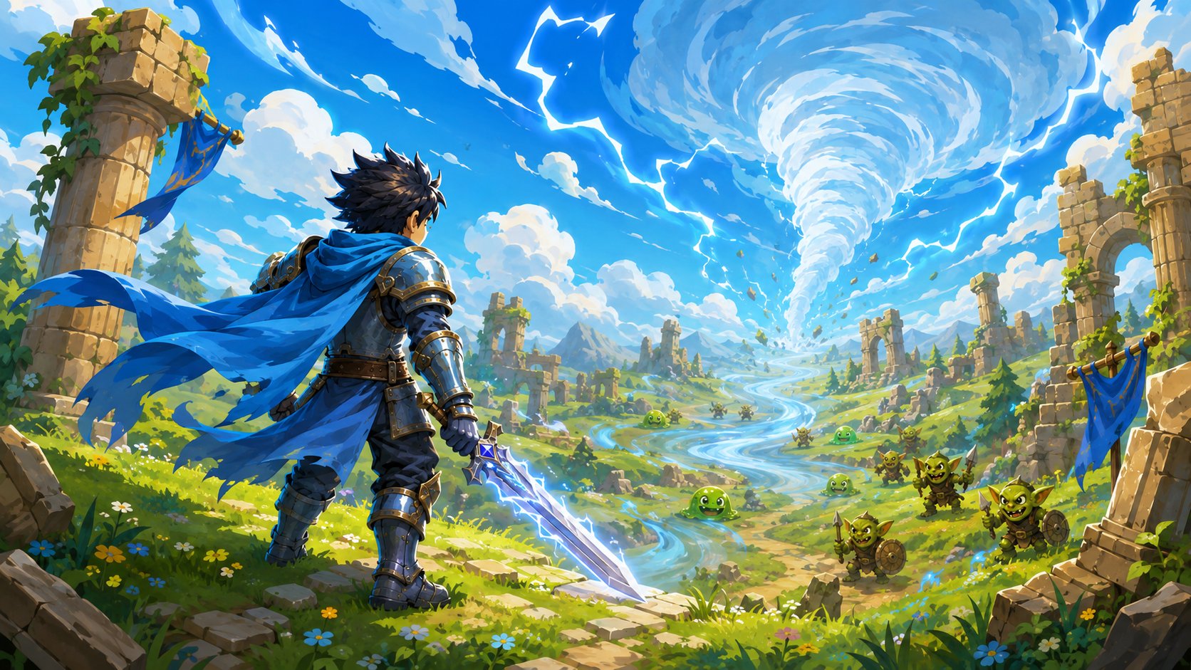 The blue-cloaked hero looking toward the Endless Storm after the Storm Lich falls.