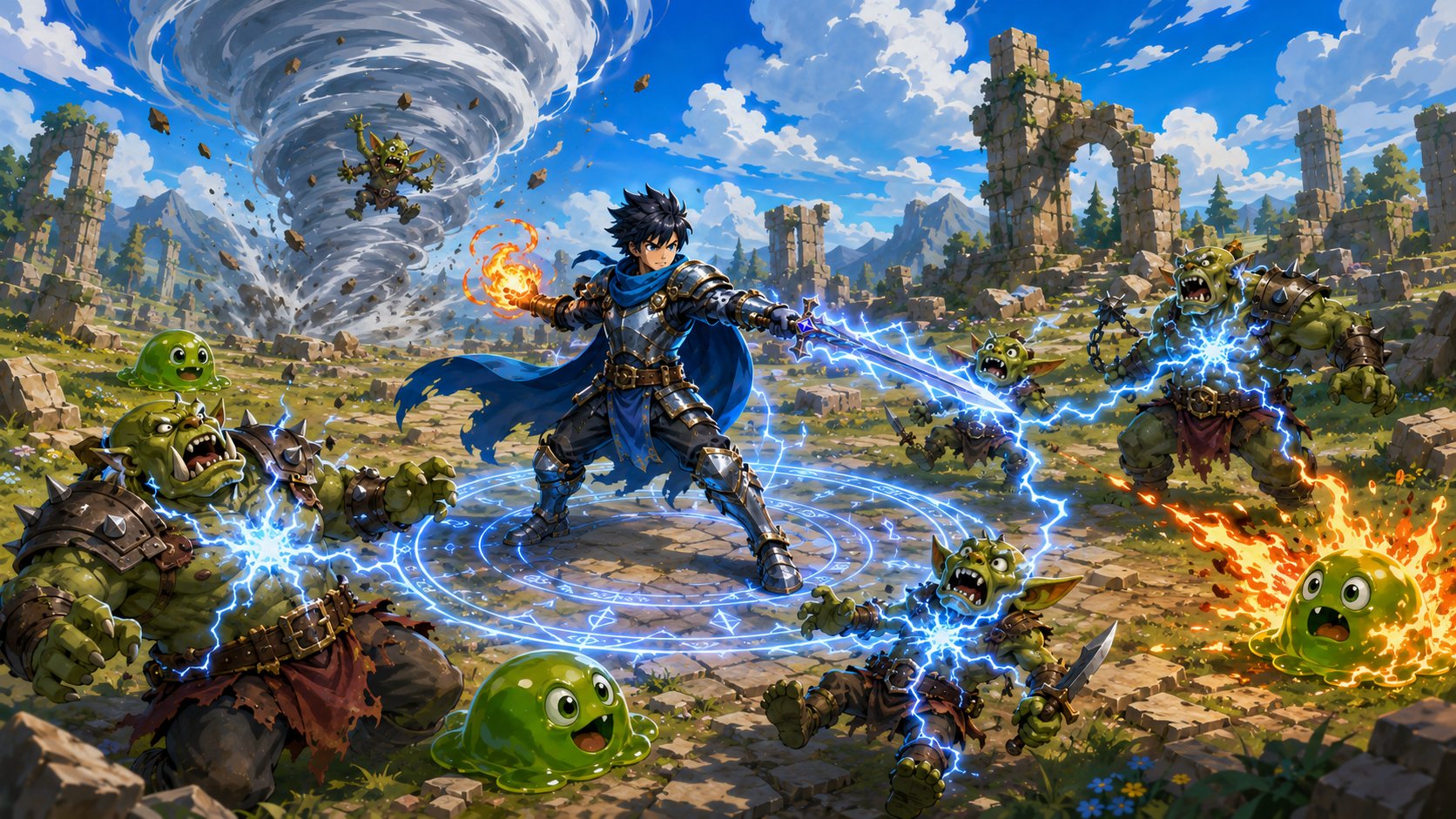 Hero surrounded by evolving fantasy spells.