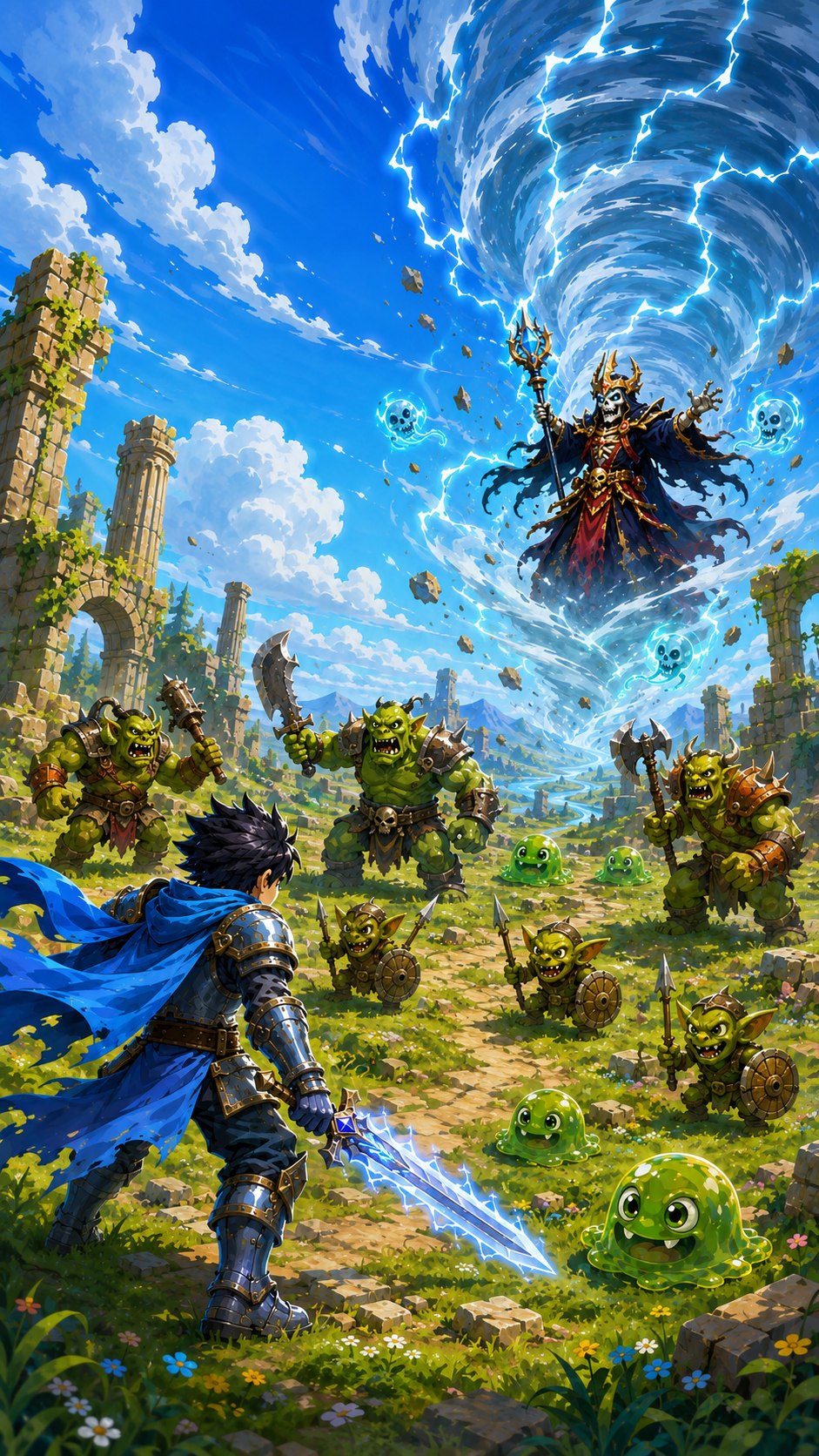 Arcane Storm key art with a blue-cloaked hero facing slimes, goblins, orcs, the Storm Lich, lightning, and a tornado.